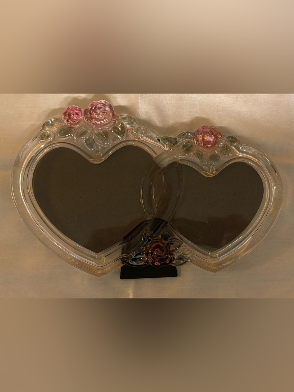 Vintage Mikasa Rosemont Double Heart Glass Picture Frame with Pink Rose Accents